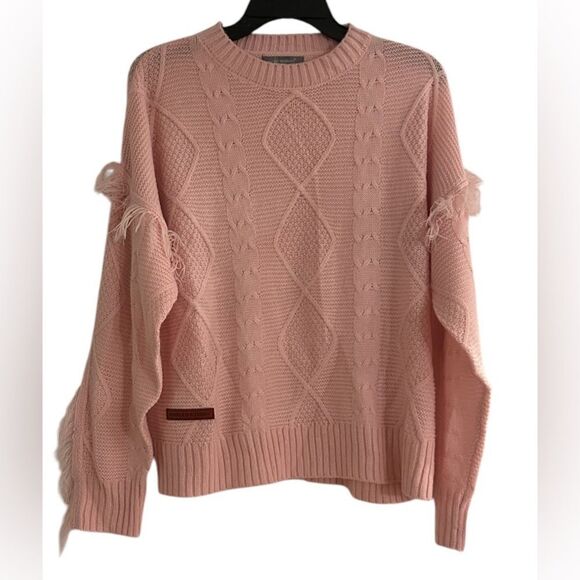 Simply Southern Womens Medium Fringe Sleeve Pullover Sweater Pink Cable Knit - Picture 2 of 9